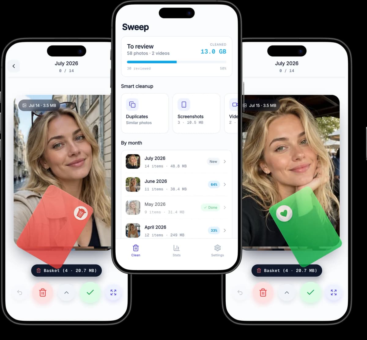 Three iPhones showing Sweep's swipe-to-clean photo deck, a month-by-month library, and the delete basket